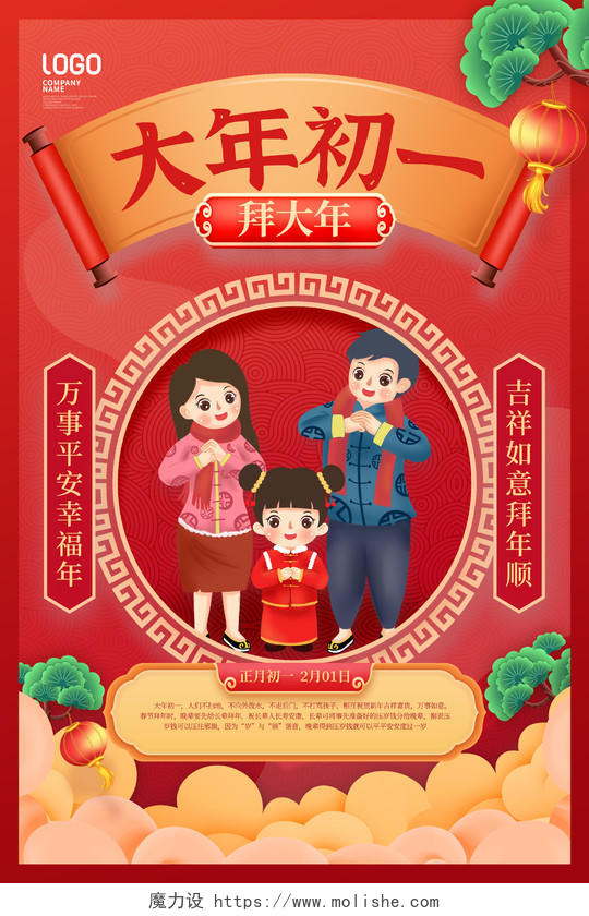 红色简约初一拜大年春节习俗手机宣传海报初一至初七2022新年虎年春节习俗